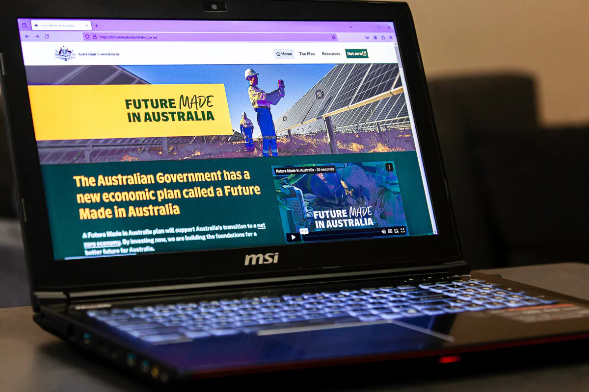 A photo of the main website for the Albanese Labor government's Future Made in Australia initiative, which is aimed at competing with developed countries trying to encourage local advanced manufacturing independent of Chinese supply chains. The key areas of focus are critical mineral refinement and green technology for renewables. This photo is taken in Perth, Australia on Nov. 25, 2024. (Wade Zhong/The Epoch Times)