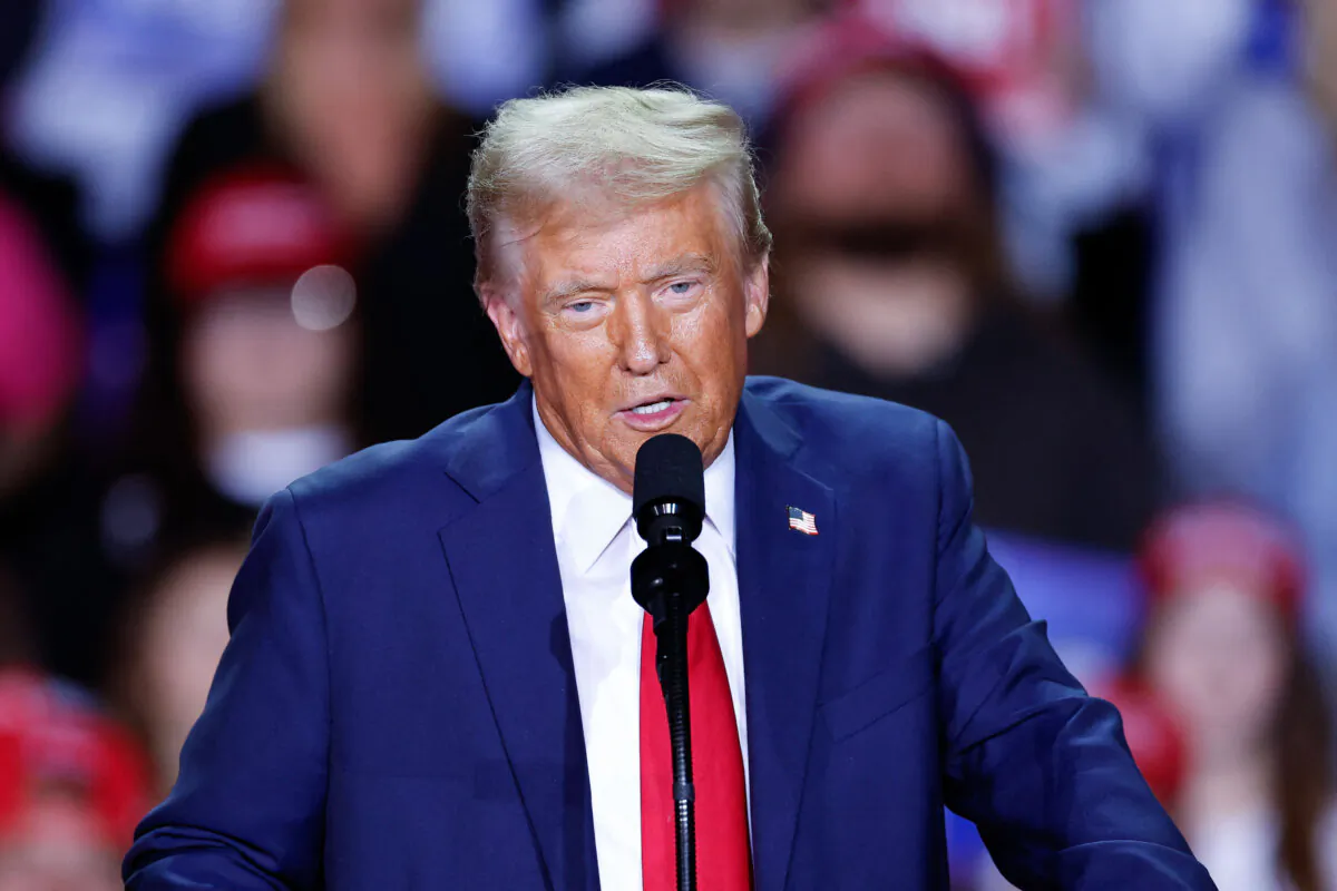 Former President Donald Trump speaks during a campaign rally at Van Andel Arena in Grand Rapids, Mich., on Nov. 5, 2024. (Kamil Krzaczynski/AFP via Getty Images)
