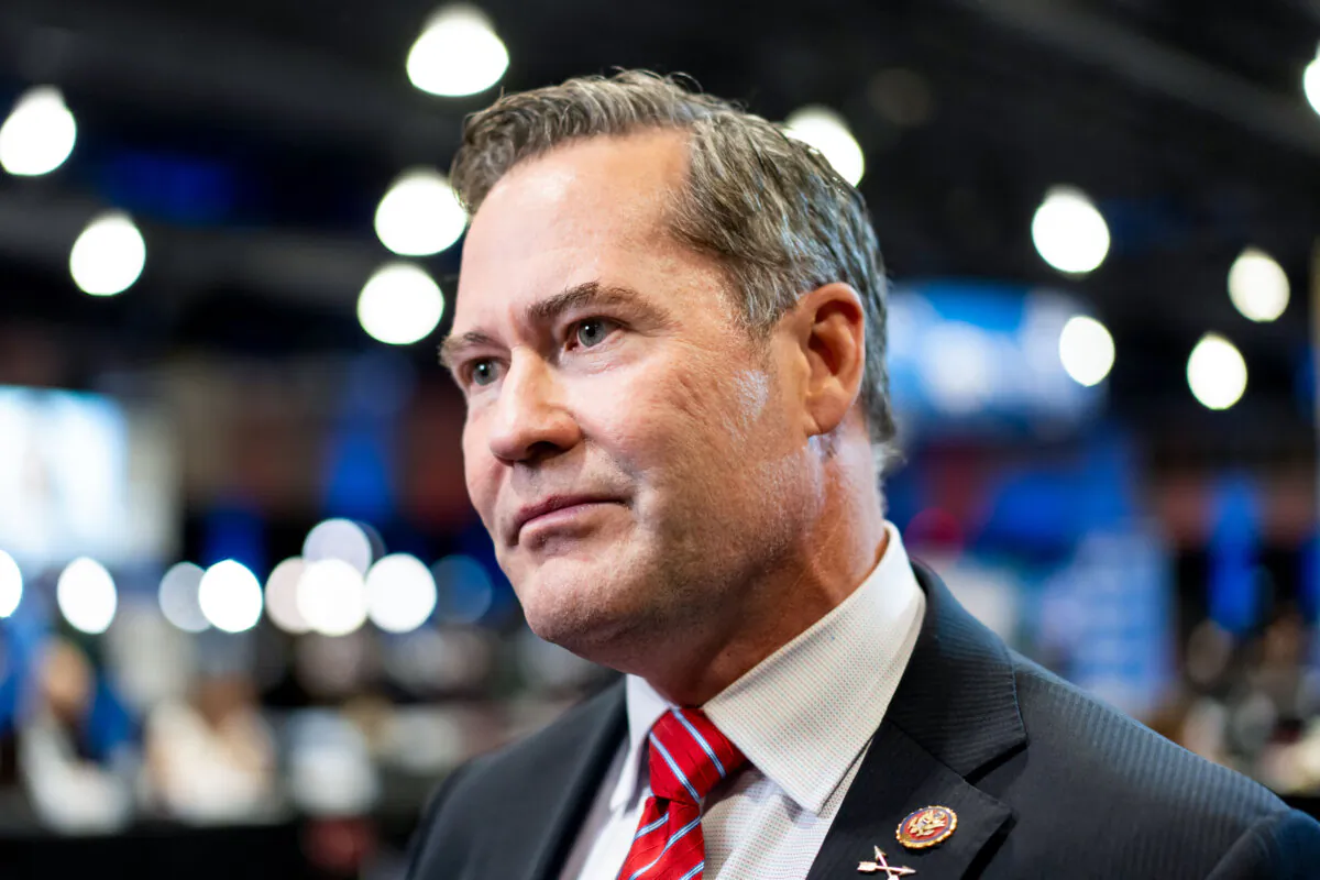 Rep. Michael Waltz (R-Fla.) speaks with reporters at the media filing center and spin room at the Pennsylvania Convention Center ahead of the presidential debate between Republican nominee former President Donald J. Trump and Democratic nominee Vice President Kamala Harris in Philadelphia, Pa., on Sept. 10, 2024. (Madalina Vasiliu/The Epoch Times) 