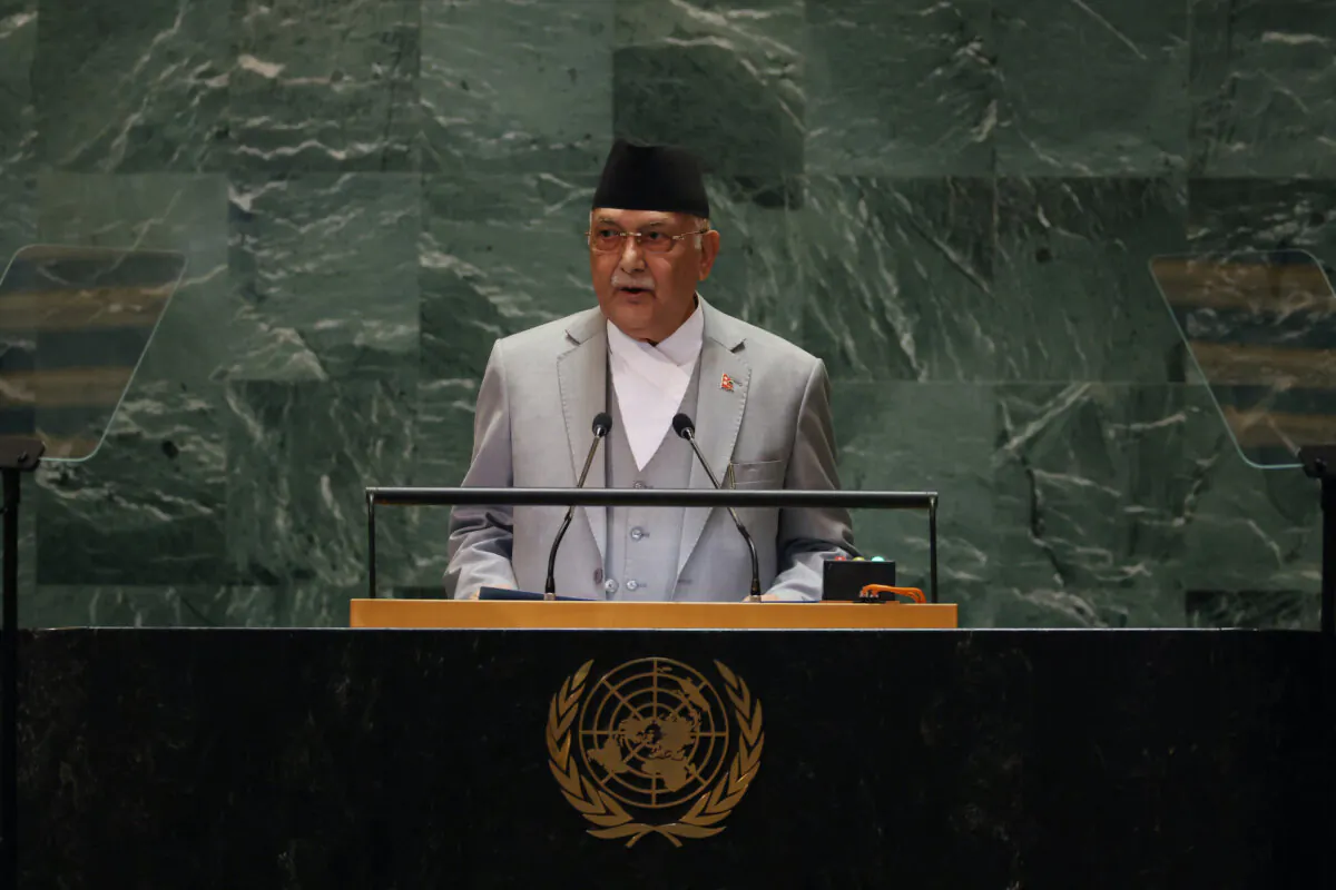 Nepali Prime Minister K.P. Sharma Oli speaks during the 79th Session of the U.N. General Assembly at the United Nations headquarters in New York City on Sept. 26, 2024. (Charly Triballeau/AFP via Getty Images)