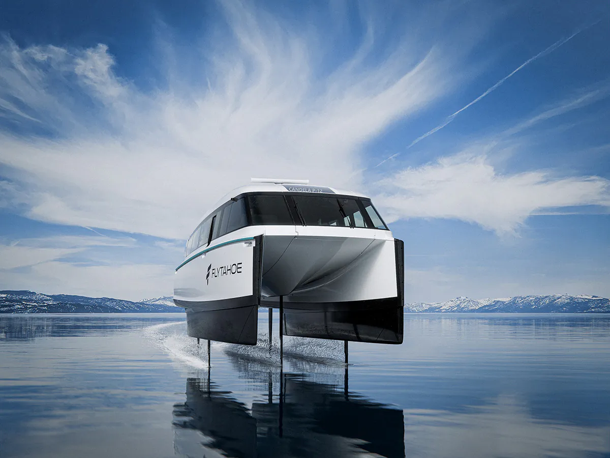 U.S. operator FlyTahoe, in conjunction with Swedish tech company Candela, plans to debut an electric hydrofoil ferry, the Candela P-12, on Lake Tahoe. (Candela)