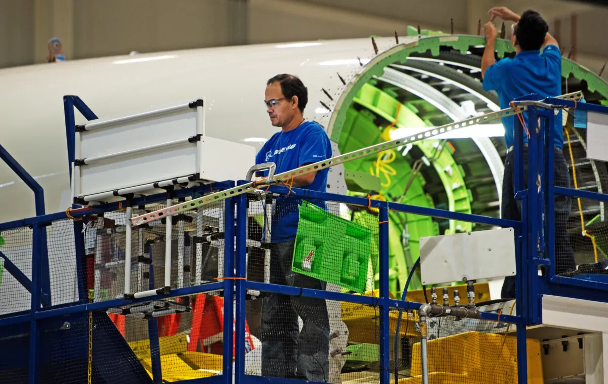 Boeing assembly line workers are seen making the Dreamliner 787 at a production facility in North Charleston, S.C., on April 27, 2012. (Paul J. Richards/AFP/Getty Images)