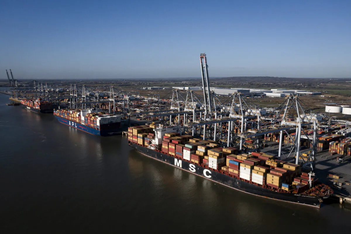 Shipping containers are loaded onto an M.S.C container ship at London Gateway port, operated by DP World Limited in Stanford-le-Hope, England, on Nov. 26, 2024. (Photo by Dan Kitwood/Getty Images)