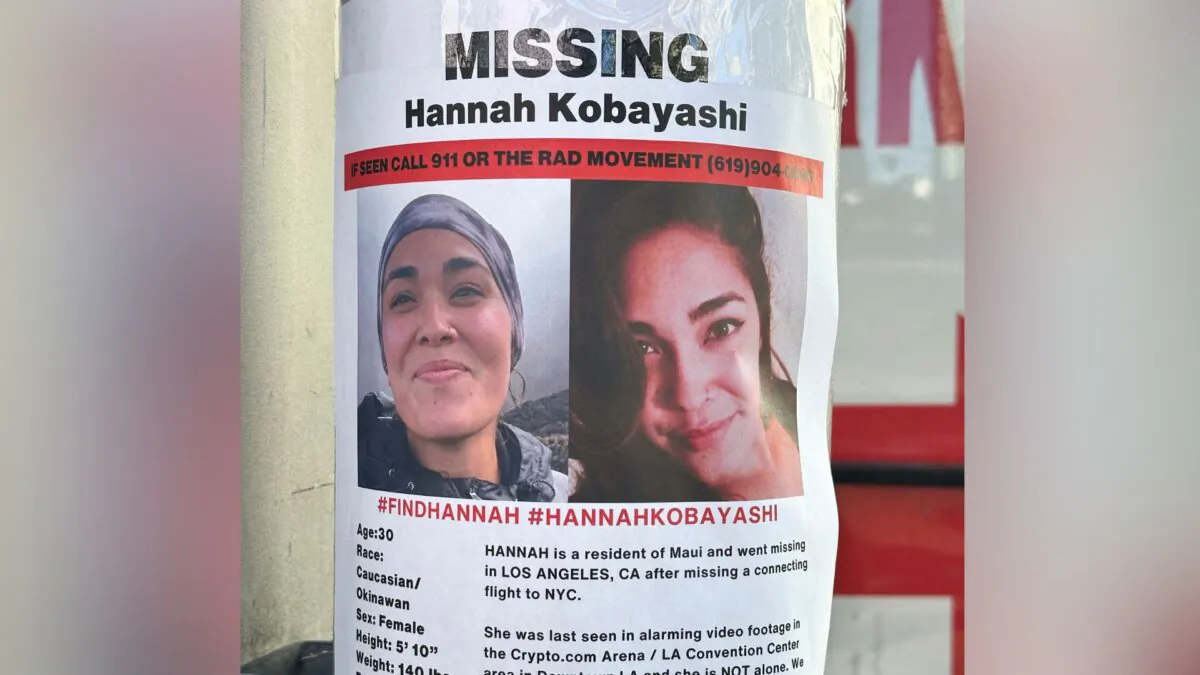 A flyer with information on Hannah Kobayashi, currently missing, is displayed in Los Angeles on Nov. 21, 2024. (Damian Dovarganes/AP Photo)