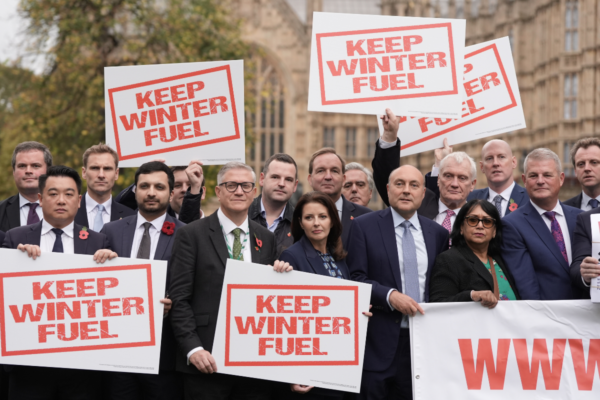 Conservative MPs petition the government to stop the planned cuts to the Winter Fuel Payment, on College Green in Westminster, London, England, on Oct. 29, 2024. (Stefan Rousseau/PA Wire)