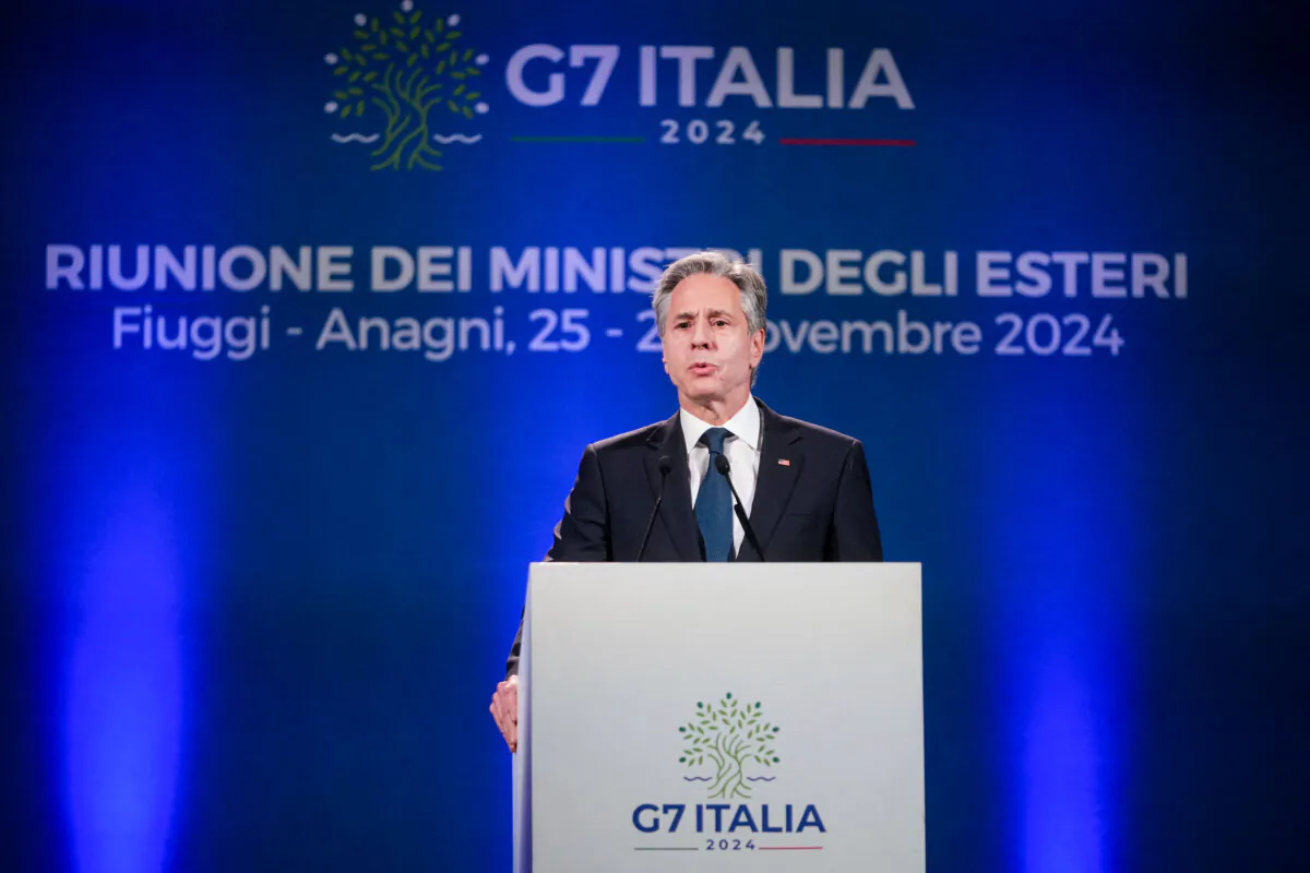 Secretary of State Antony Blinken gives a press conference at the end of the G7 Foreign Ministers meeting in Fiuggi, Italy, on Nov. 26, 2024. (Alessandra Tarantino/Pool/AFP via Getty Images)