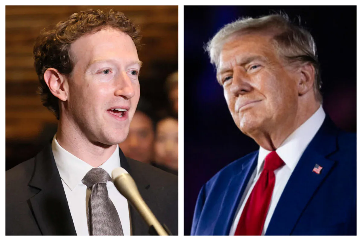 (Left) Mark Zuckerberg speaks to reporters at the Japanese prime minister's office during his visit to Tokyo on Feb. 27, 2024. (Right) Former President Donald Trump smiles at the crowd during a Town Hall event at Macomb Community College in Warren, Mich., on Sept. 27, 2024. (STR/JIJI Press/AFP via Getty Images; Emily Elconin/Getty Images)