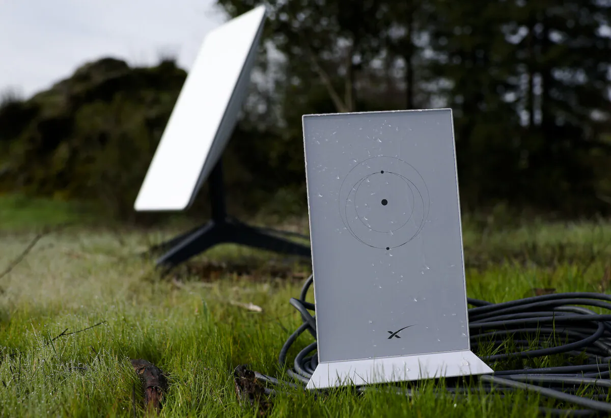 A Starlink dish and router are displayed in San Anselmo, Calif., on Feb. 12, 2024. (Justin Sullivan/Getty Images)