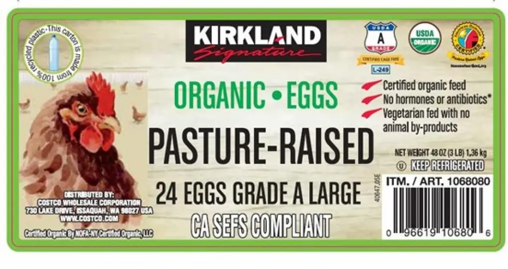 An image of the recalled Kirkland Signature Organic Pasture Raised 24-Count Eggs. (Courtesy of the FDA)