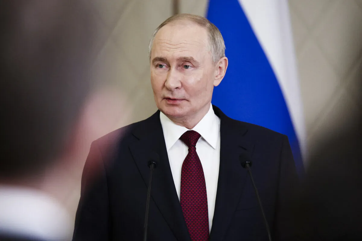 Vladimir Putin talks to the media after attending a meeting of the Collective Security Treaty Organization (CSTO) in Astana, Kazakhstan, on Nov. 28, 2024. (Mikhail TERESHCHENKO/POOL/AFP)