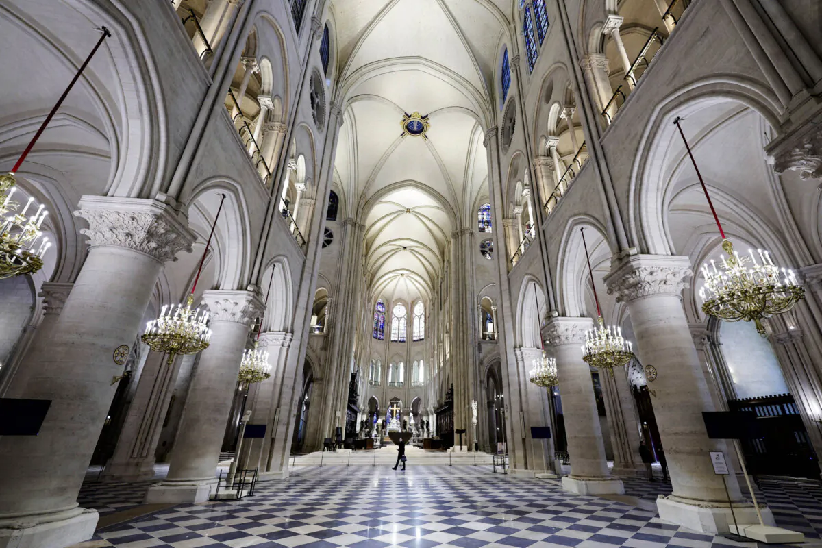 The nave of Notre Dame Cathedral during French President Emmanuel Macron's visit to the restored interiors of the church in Paris on Nov. 29, 2024. (Stephane de Sakutin/AP)