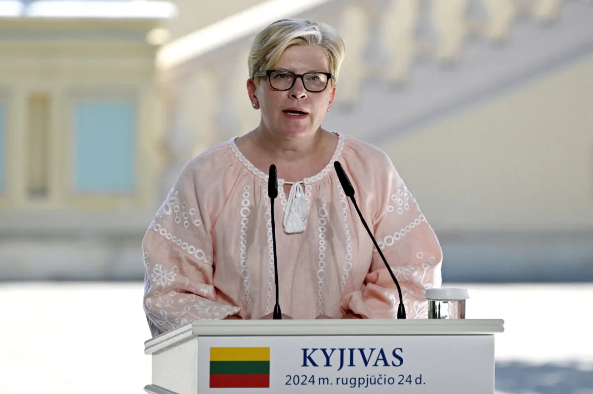 Lithuania's Prime Minister Ingrida Simonyte speaks to media during a joint press-conference with Ukraine's President Volodymyr Zelenskyy and Poland's President Andrzej Duda following their meeting in Kyiv, Ukraine on Aug. 24, 2024. (Sergei Chuzavkov/AFP via Getty Images)