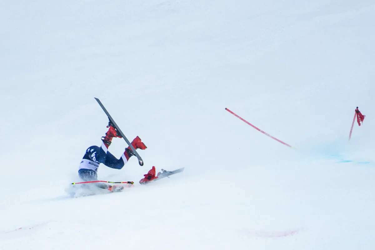 Mikaela Shiffrin of team USA crashes in the Giant Slalom second run during the 2024/2025 Women's World Cup Giant Slalom in Killington, Vermont, on Nov. 30, 2024. (Joseph Prezioso/AFP via Getty Images)