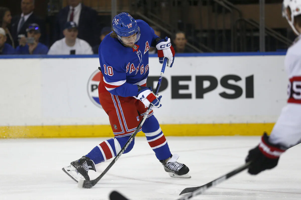 New York Rangers forward Artemi Panarin shoots and scores during the first period of an NHL hockey game against the Ottawa Senators in New York, on Nov. 1, 2024. (John Munson/AP Photo)
