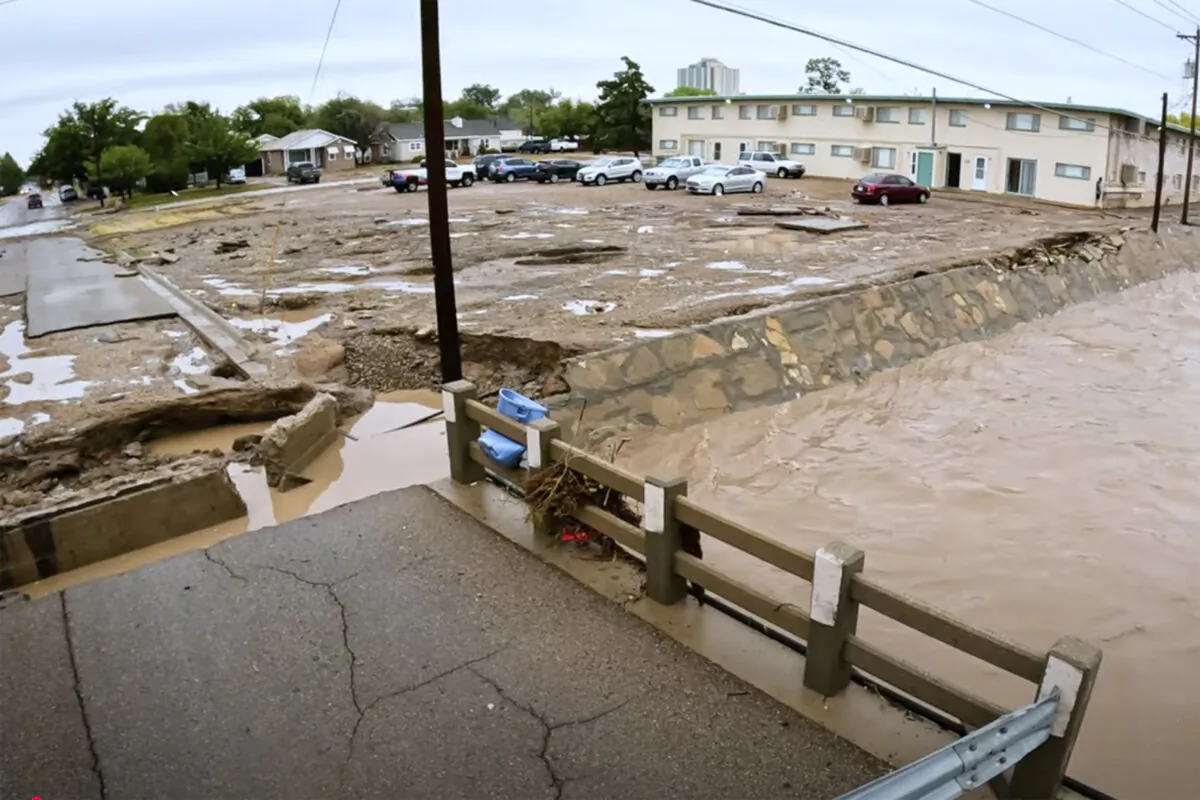 This image taken from video provided by Juliana Halvorson shows debris and damage from severe flooding in Roswell, N.M., Oct. 20, 2024. (Juliana Halvorson via AP)