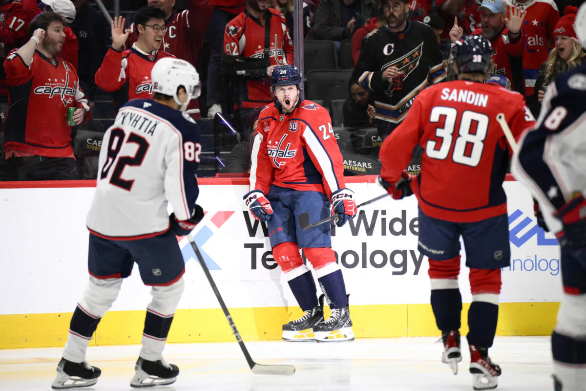 Washington Capitals center Connor McMichael (24) celebrates his goal during the first period of an NHL hockey game against the Columbus Blue Jackets, Saturday, Nov. 2, 2024, in Washington. (Nick Wass/AP Photo)