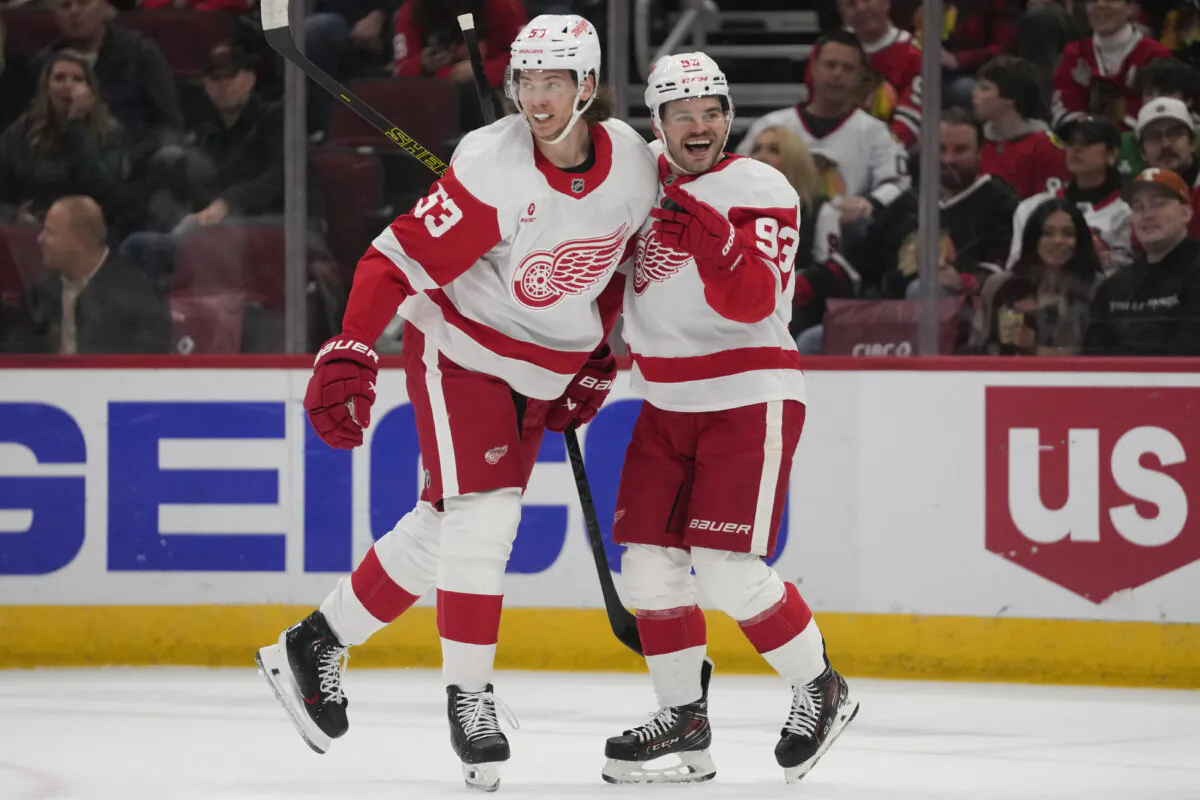 Detroit Red Wings defenseman Moritz Seider, left, and right wing Alex DeBrincat celebrate after DeBrincat scored on the Chicago Blackhawks during the first period of an NHL hockey game Wednesday, Nov. 6, 2024, in Chicago. (Erin Hooley/AP Photo)