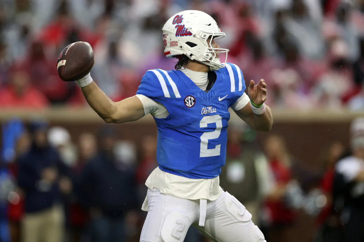Mississippi quarterback Jaxson Dart (2) throws a pass during the first half of an NCAA college football game against Georgia, Saturday, Nov. 9, 2024, in Oxford, Miss. (Randy J. Williams/AP Photo)