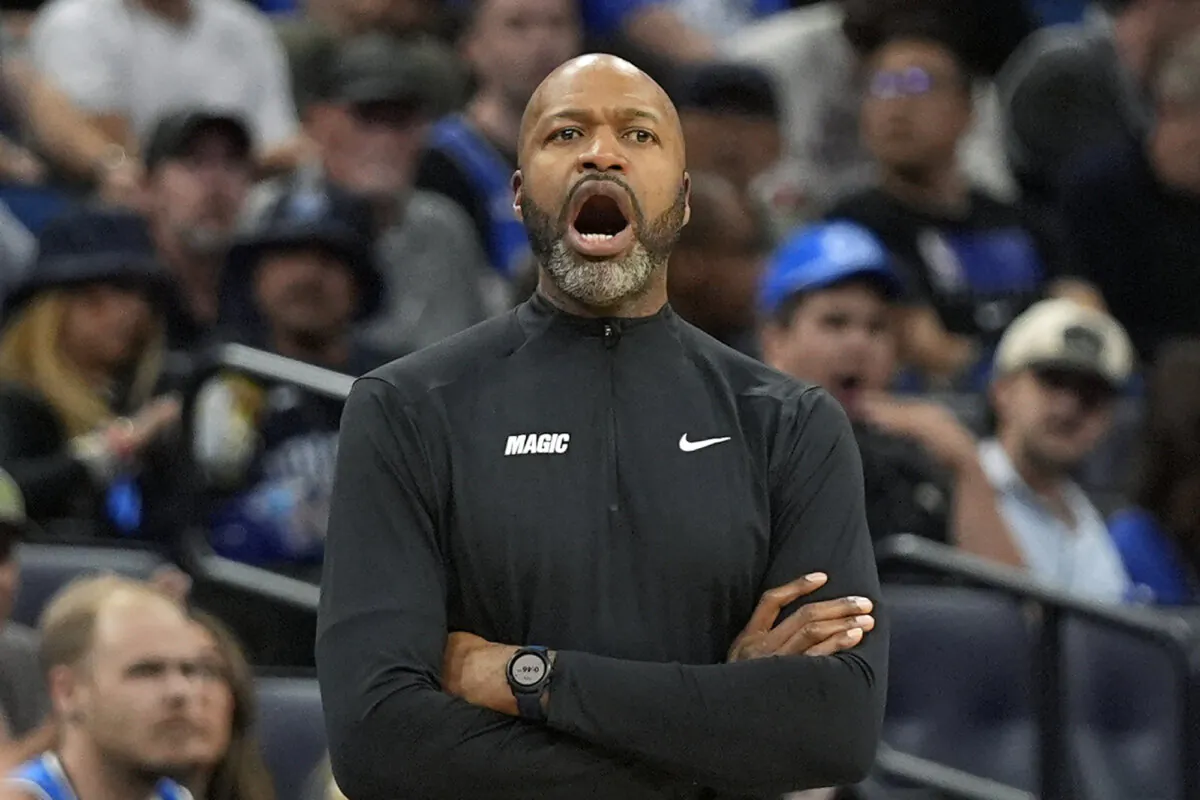 Orlando Magic head coach Jamahl Mosley calls out to players during the first half of an NBA basketball game against the Indiana Pacers in Orlando, Fla., on Nov. 13, 2024. (AP Photo/John Raoux)