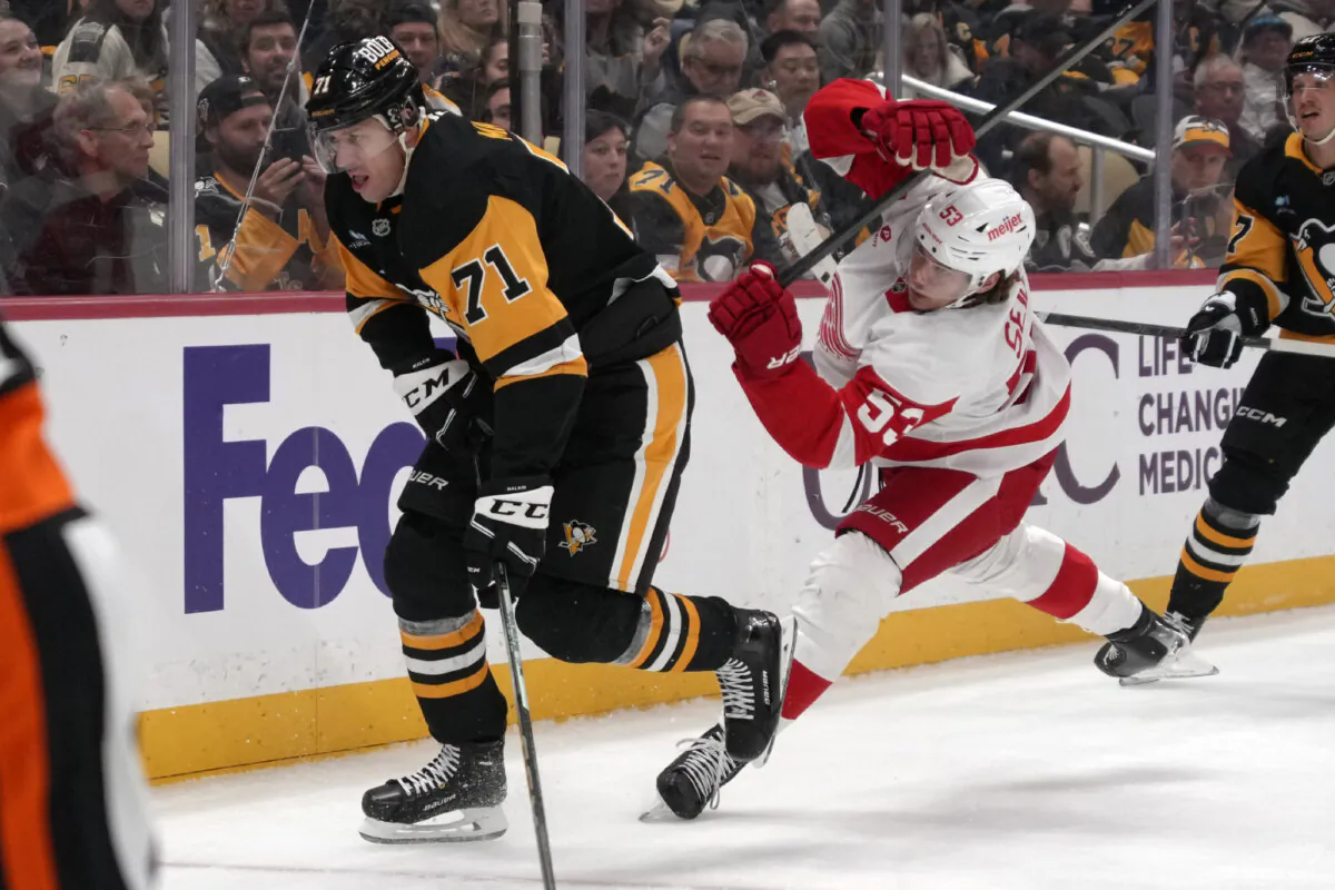 Detroit Red Wings' Moritz Seider (53) defends Pittsburgh Penguins' Evgeni Malkin (71) during the second period of an NHL hockey game Wednesday, Nov. 13, 2024, in Pittsburgh. (Gene J. Puskar/AP Photo)