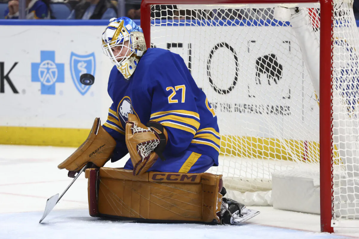 Buffalo Sabres goaltender Devon Levi makes a save during the second period of an NHL hockey game against the St. Louis Blues in Buffalo, N.Y., on Nov. 14, 2024 (Jeffrey T. Barnes/AP Photo)