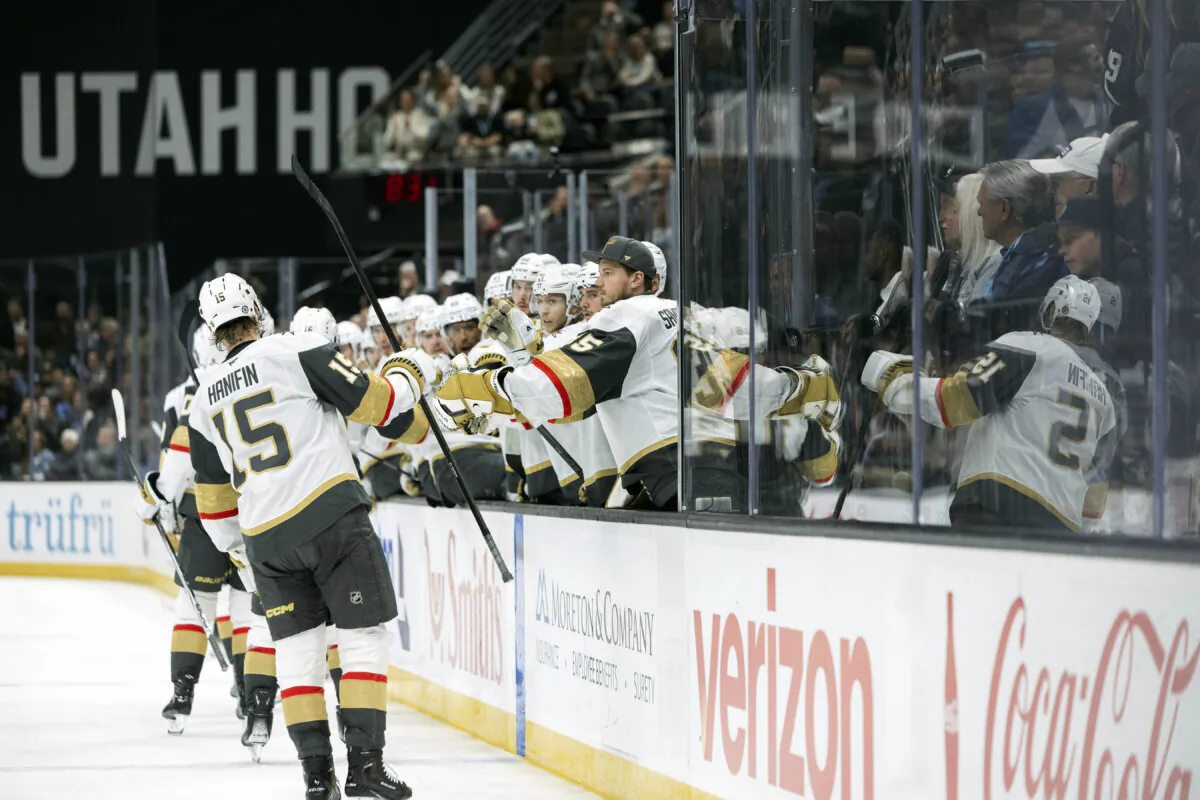 Vegas Golden Knights celebrate center Tomas Hertl (48) goal against Utah Hockey Club during the second period of an NHL hockey game in Salt Lake City, on Nov. 15, 2024. (Melissa Majchrzak/AP Photo)