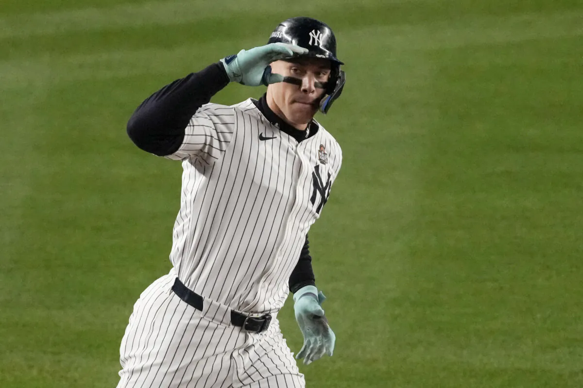The Yankees' Aaron Judge rounds the bases after a two-run home run against the Los Angeles Dodgers in Game 5 of the World Series in New York on Oct. 30, 2024. (Frank Franklin II/AP Photo)