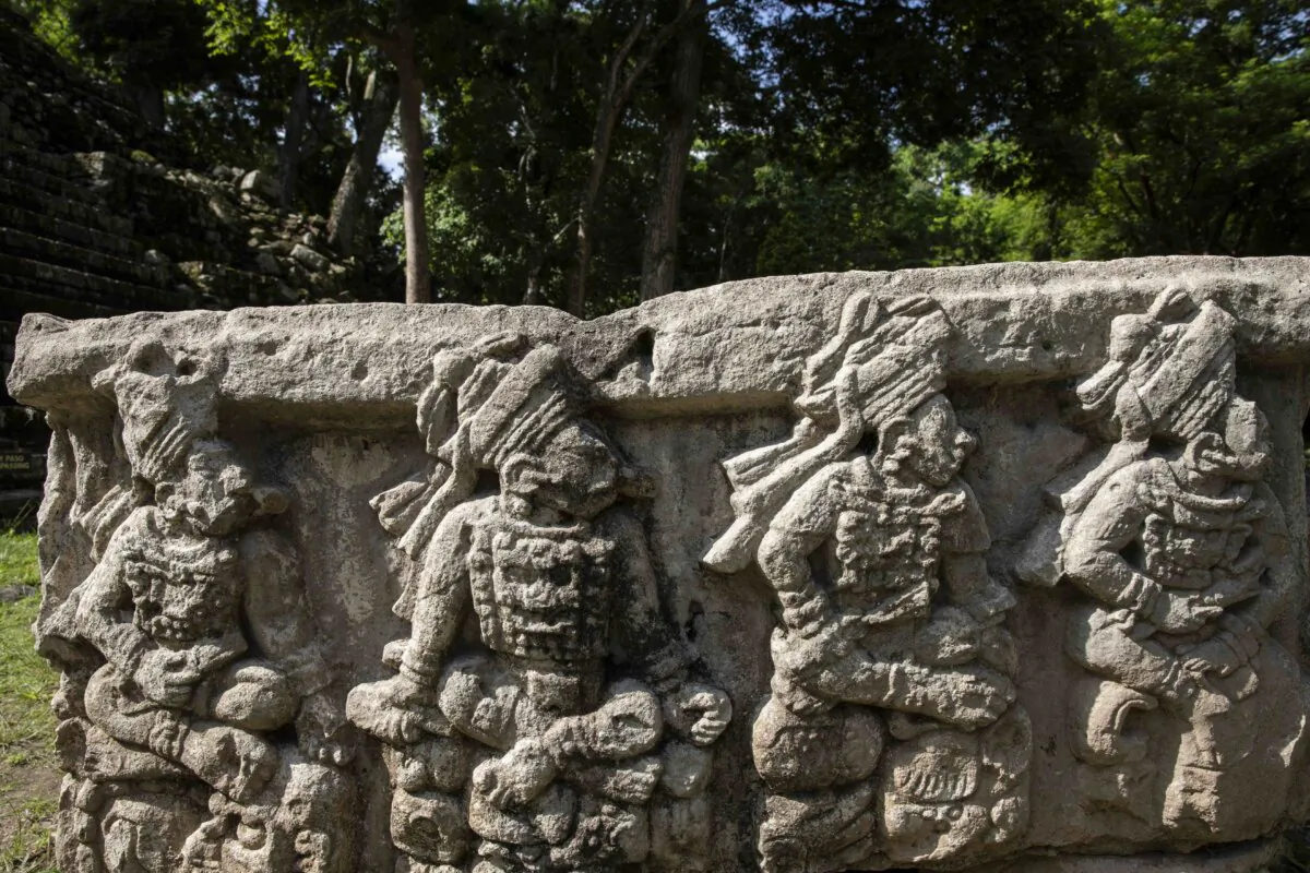 Altar Q that depicts 16 kings in the dynastic succession of the city inside the archeological site of Copan, in Copan Ruinas, Honduras, on July 3, 2021. (Rodrigo Abd/AP Photo)