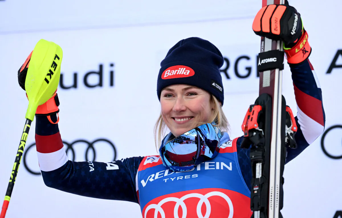 Mikaela Shiffrin of the U.S. celebrates on the podium after winning the women's slalom, in Gurgl, Austria, on Nov. 23, 2024. (Angelika Warmuth/Reuters)