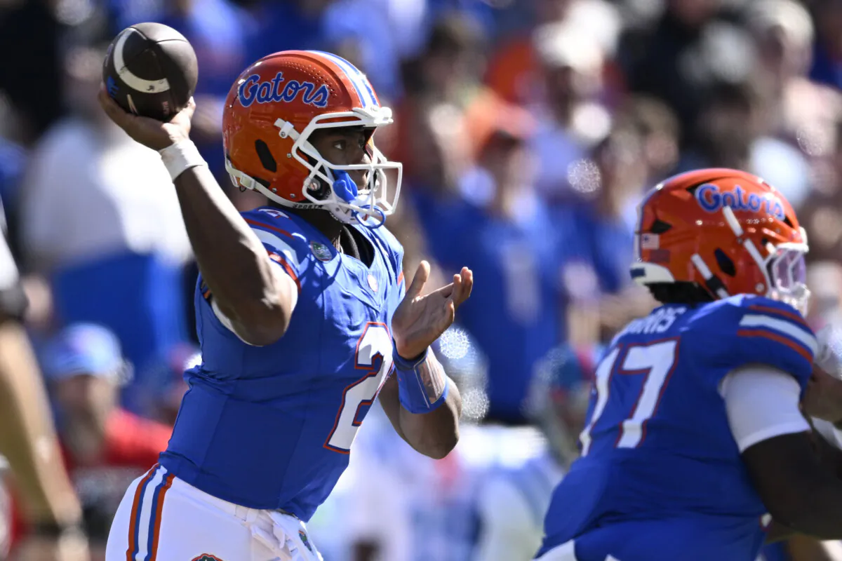 Florida quarterback DJ Lagway (2) throws a pass against Mississippi during the first half of an NCAA college football game, Saturday, Nov. 23, 2024, in Gainesville, Fla. (Phelan M. Ebenhack/AP Photo)