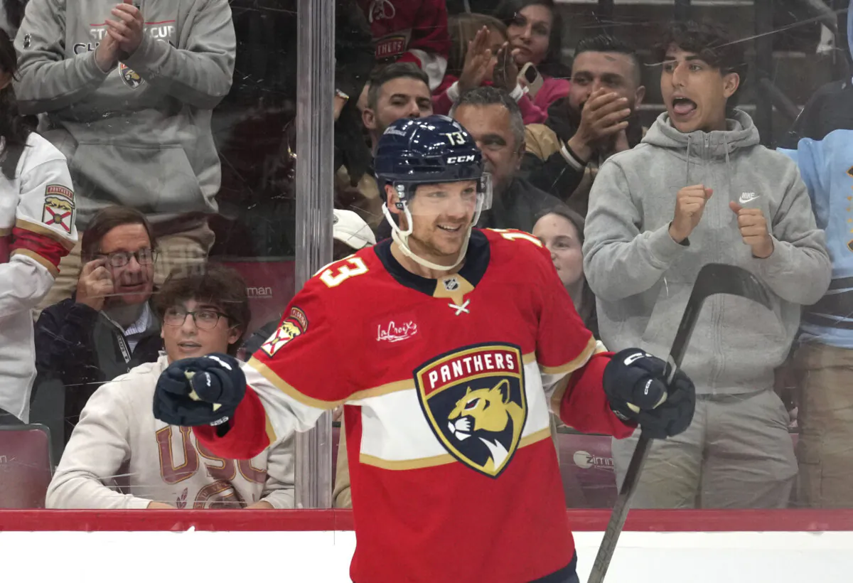 Florida Panthers center Sam Reinhart (13) reacts after scoring a goal during the second period of an NHL hockey game against the Toronto Maple Leafs, Wednesday, Nov. 27, 2024, in Sunrise, Fla. (Lynne Sladky/AP Photo)