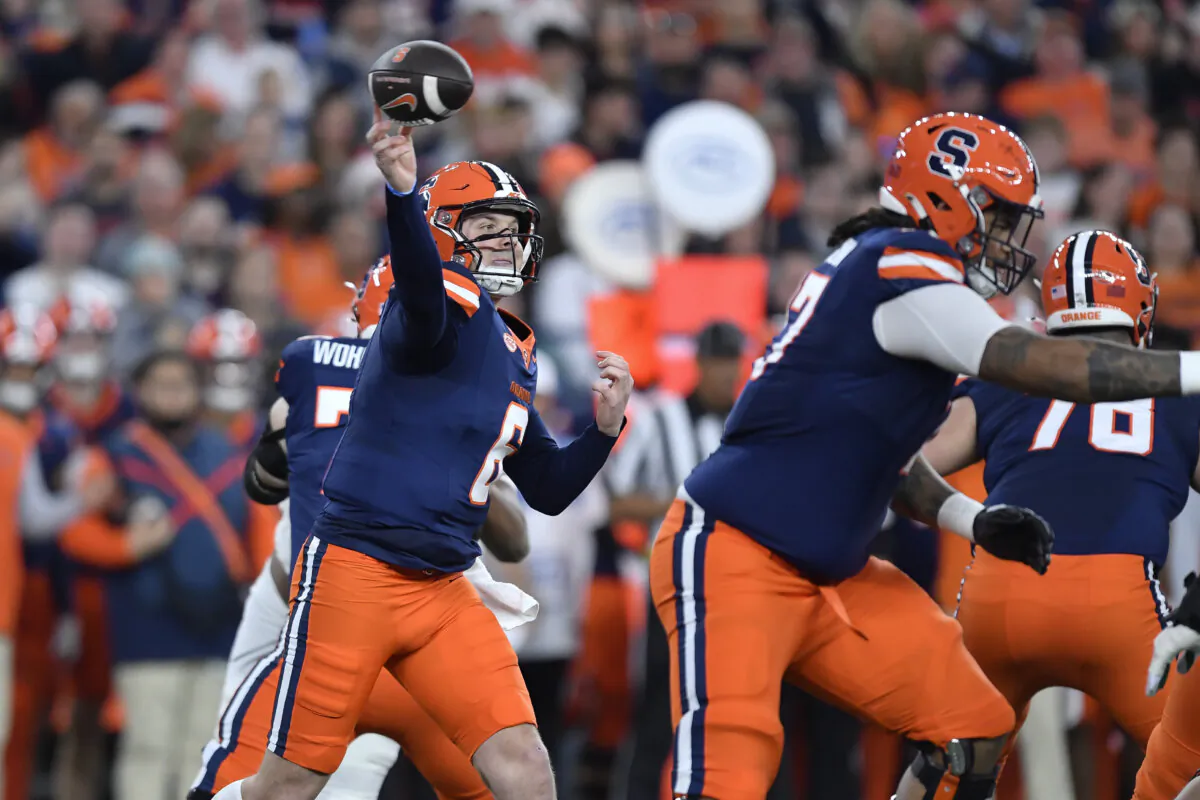 Syracuse quarterback Kyle McCord (6) throws during the first half of an NCAA football game against Miami on Saturday, Nov. 30, 2024 in Syracuse, N.Y. (Adrian Kraus/AP Photo)