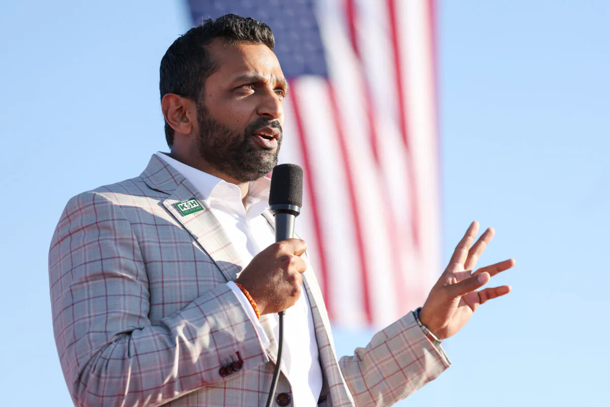 Kash Patel, a former chief of staff in the Department of Defense, speaks during a campaign rally at Minden-Tahoe Airport in Minden, Nev., on Oct. 8, 2022. (Justin Sullivan/Getty Images)
