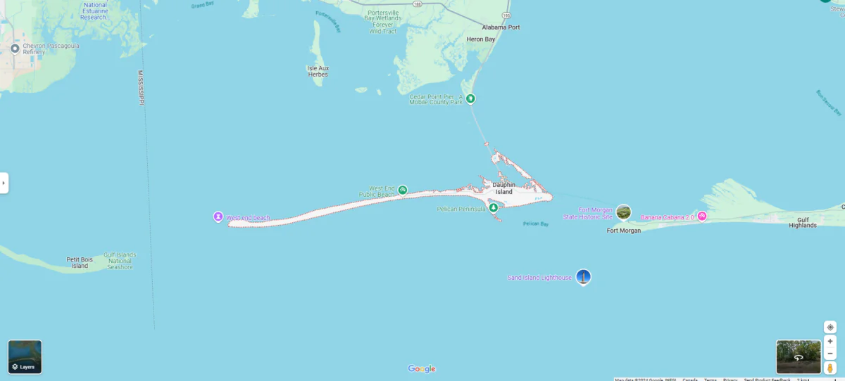 The U.S. Coast Guard recovered the bodies of two boaters off the Alabama coast but suspended the search for a missing 7-year-old boy after combing the area over the weekend. (Screenshot via Google Map)