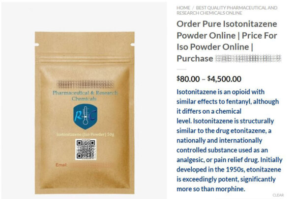 An edited screenshot taken December 3, 2024, of a website—apparently based in the U.S.—openly selling nitazene online, alongside a menu of illegal drugs.