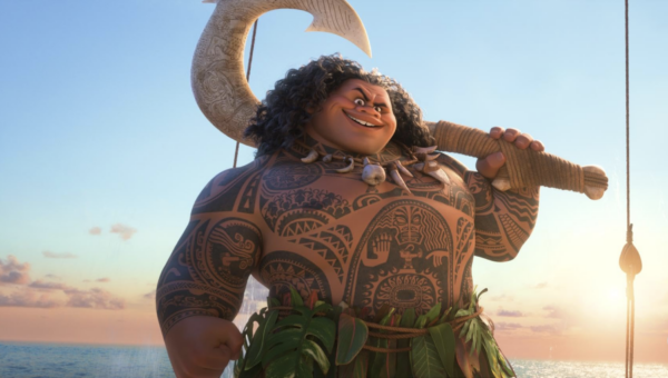 Islander holding giant fishhook in Moana 2