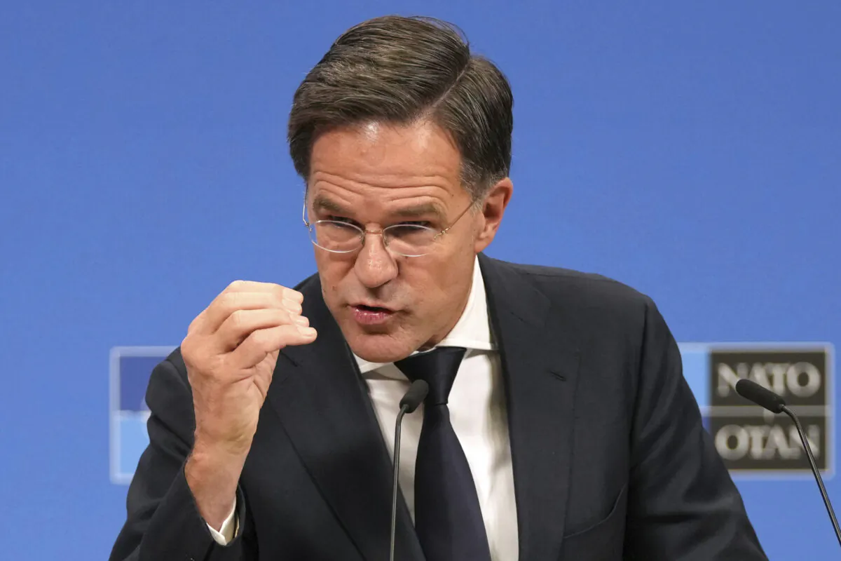 NATO Secretary General Mark Rutte speaks to the media prior to a meeting of foreign ministers at NATO headquarters in Brussels, Belgium, on Dec. 3, 2024. (Virginia Mayo/AP)