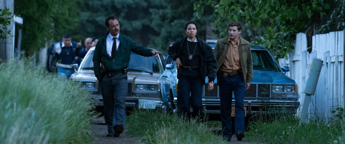 (L–R) FBI agent Terry Husk (Jude Law), FBI agent Joanne Carney (Jurnee Smollett), and local police officer Jamie Bowen (Tye Sheridan), in "The Order." (Vertical Entertainment)
