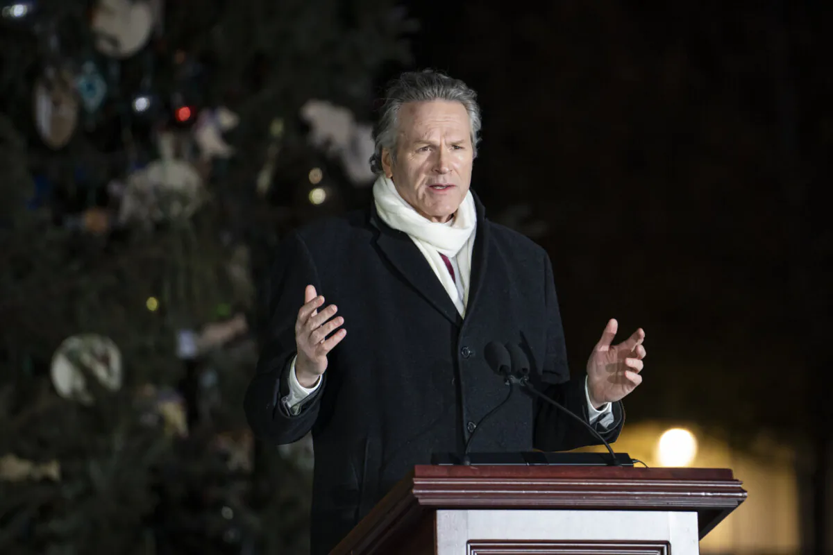Alaska Gov. Mike Dunleavy speaks during the U.S. Capitol Christmas Tree Lighting Ceremony in Washington on Dec. 3, 2024. (Madalina Vasiliu/The Epoch Times)