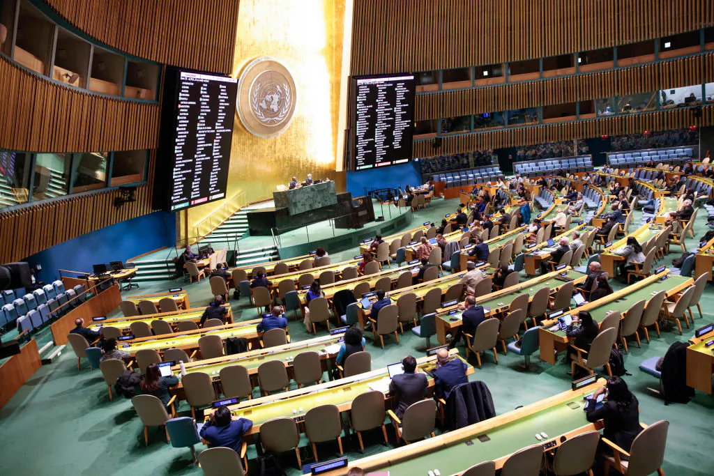 A screen show the vote results from the resolution "Peaceful settlement of the question of Palestine" at the General Assembly 46th plenary meeting on December 3, 2024, at UN headquarters in New York City. (Photo by Kena Betancur / AFP) (Photo by KENA BETANCUR/AFP via Getty Images)