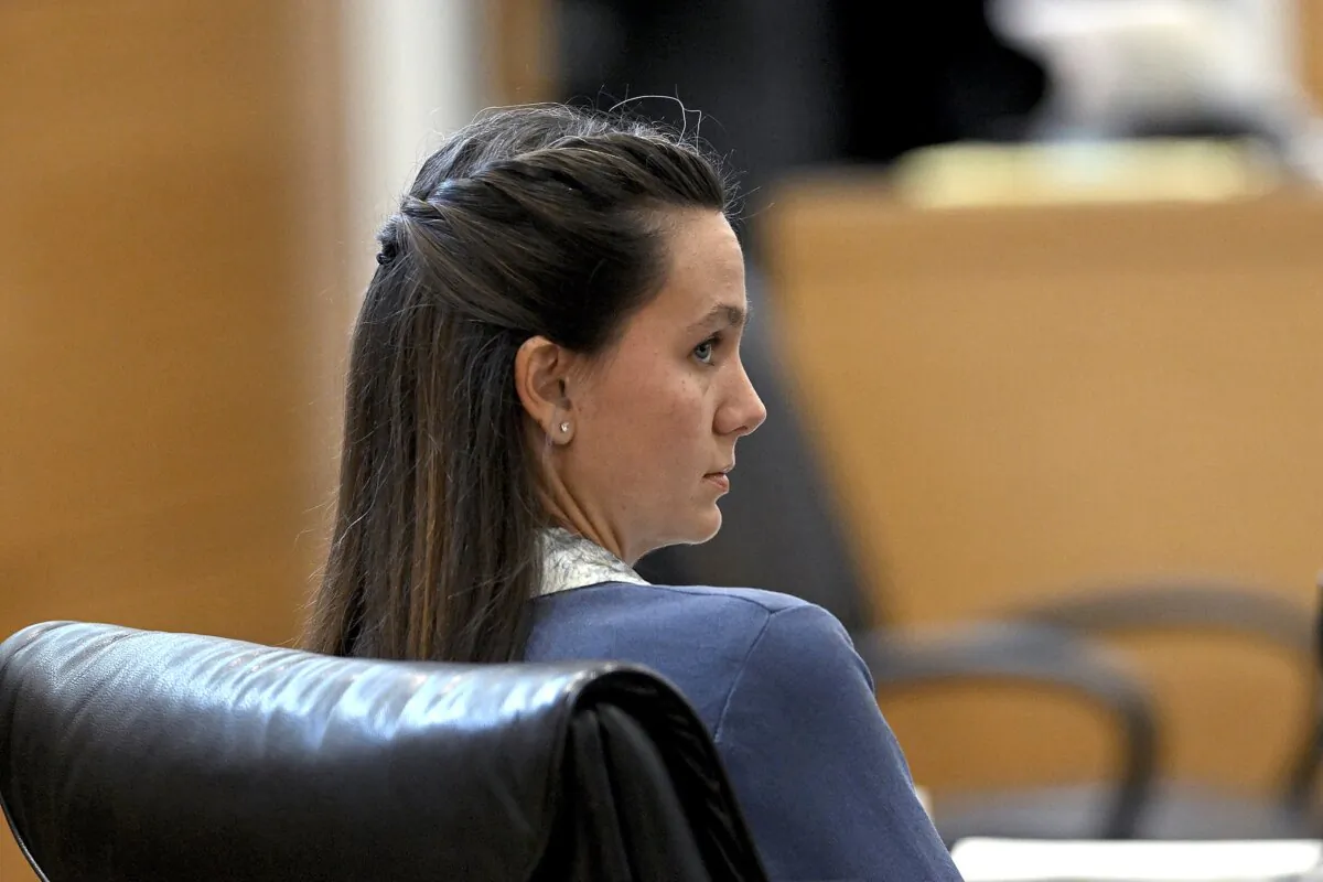 Defendant Ashley Benefield glances back after the jury retired to deliberate during her trial at the Manatee County Judicial Center in Bradenton, Fla., on July 29, 2024. (Tiffany Tompkins/The Bradenton Herald via AP)