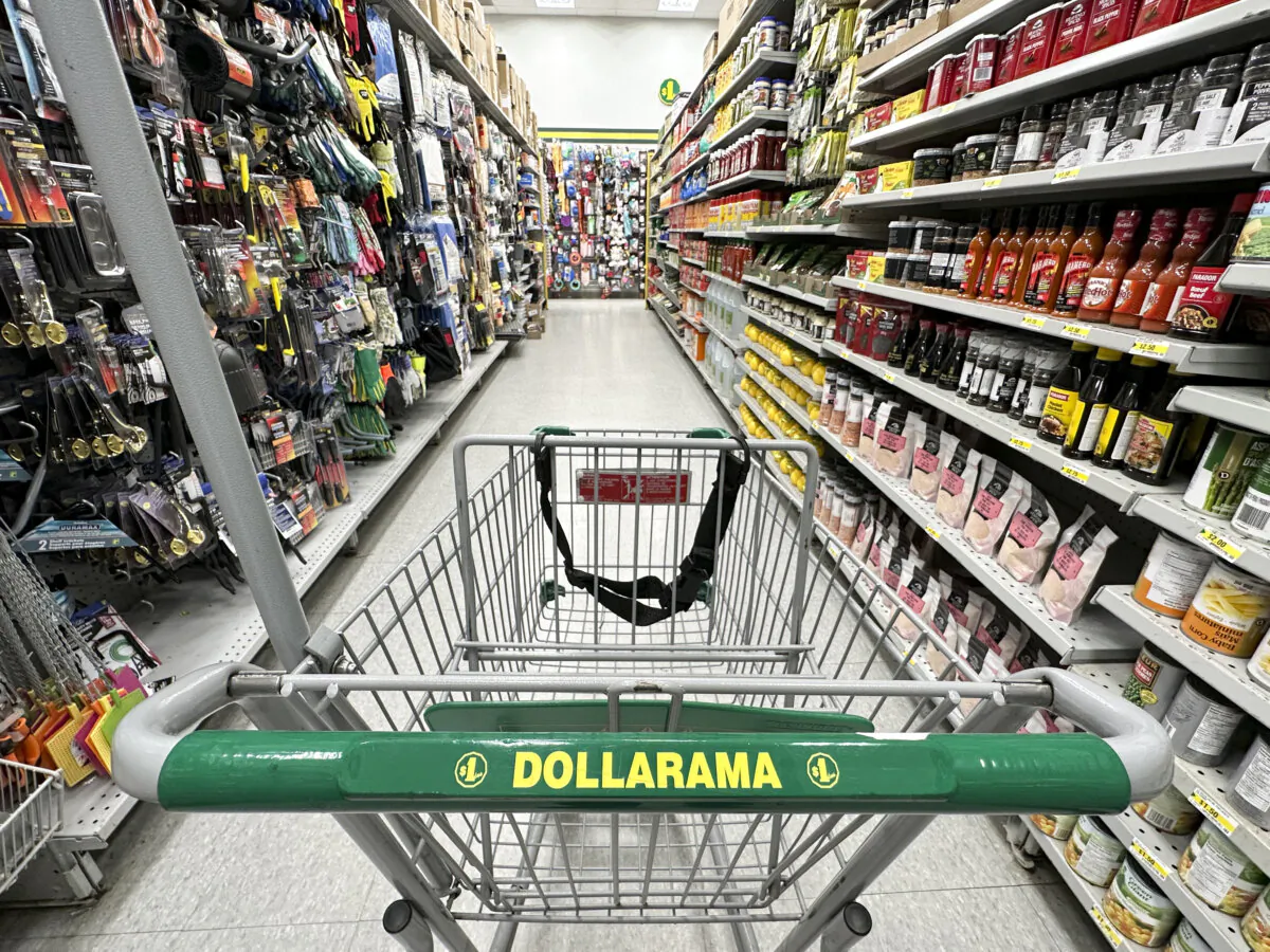A shopping cart is seen in an aisle of a Dollarama store in Montreal, on June 7, 2023. (The Canadian Press/Christinne Muschi)