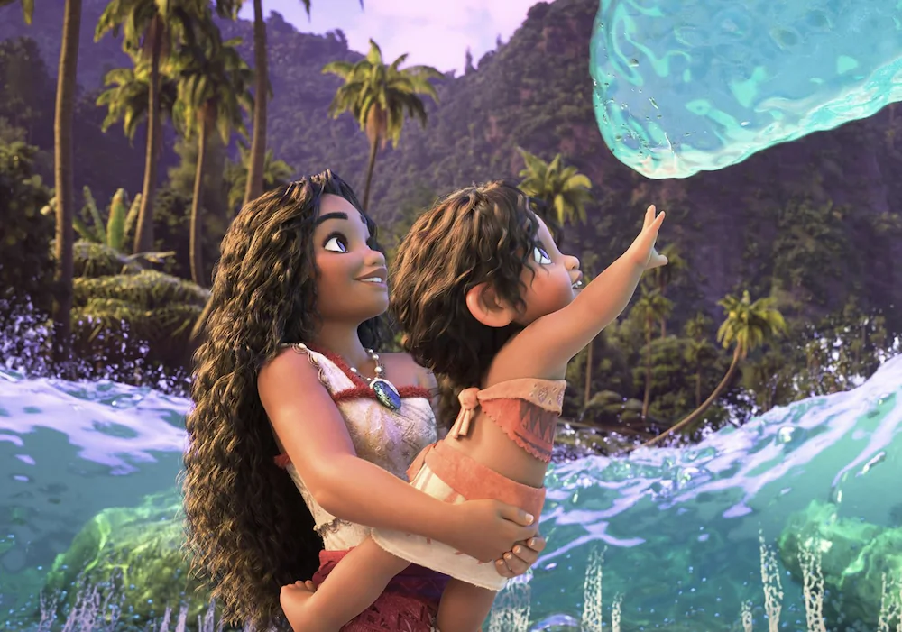 Moana (voiced by Auli’i Cravalho, L) demonstrates her supernormal abilities to tame the ocean to her little sister Simea (voiced by Khaleesi Lambert-Tsuda), in "Moana 2." (Walt Disney Animation Studios)