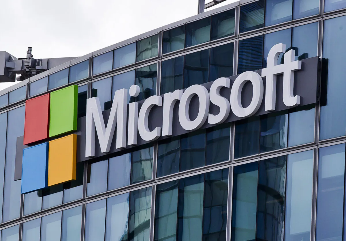 The Microsoft logo in Issy-les-Moulineaux outside Paris on April 12, 2016. (Michel Euler/The Canadian Press/AP)