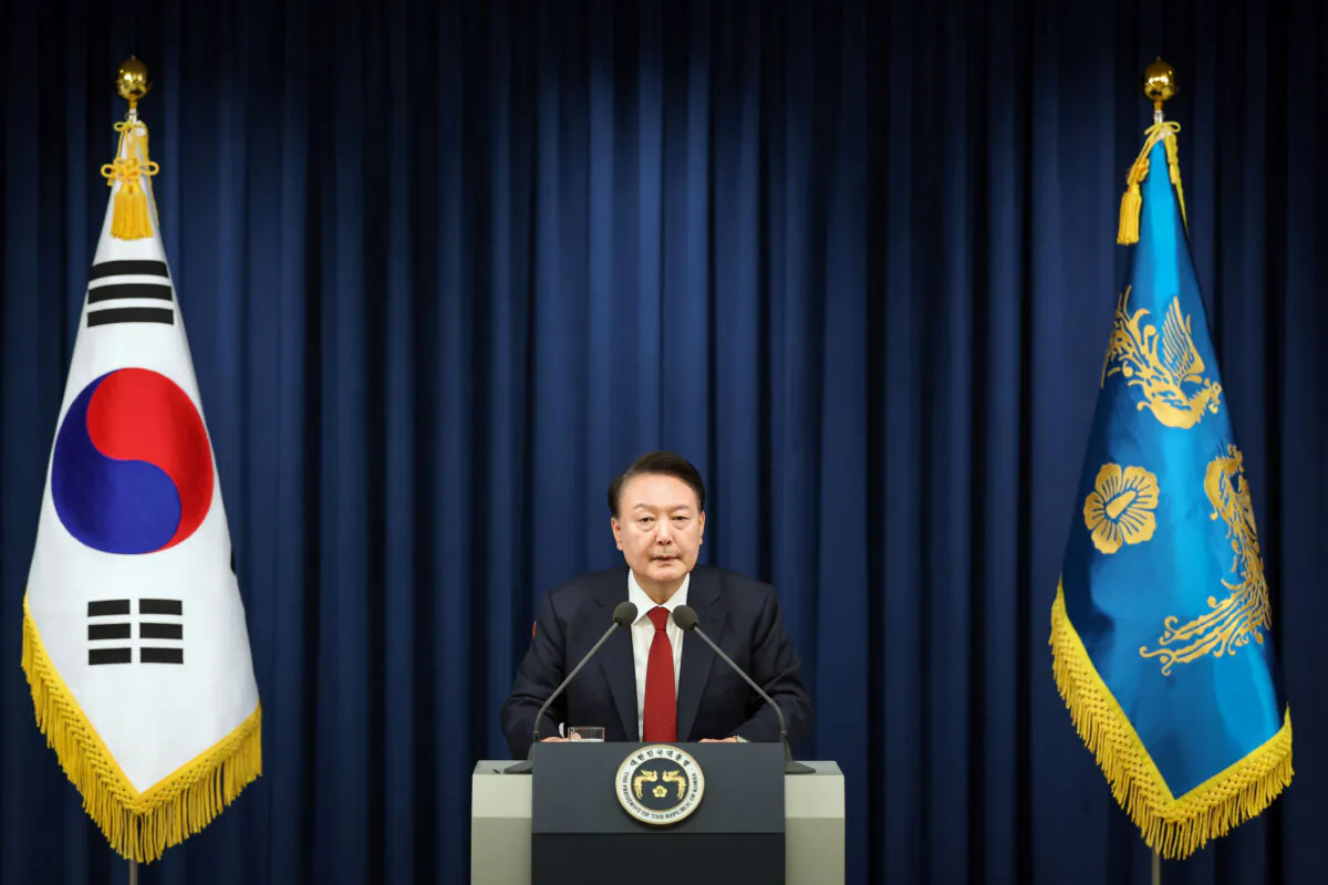 South Korean President Yoon Suk Yeol speaks during the declaration of emergency martial law at the Presidential Office in Seoul, South Korea, on Dec. 3, 2024. (South Korean Presidential Office via Getty Images)
