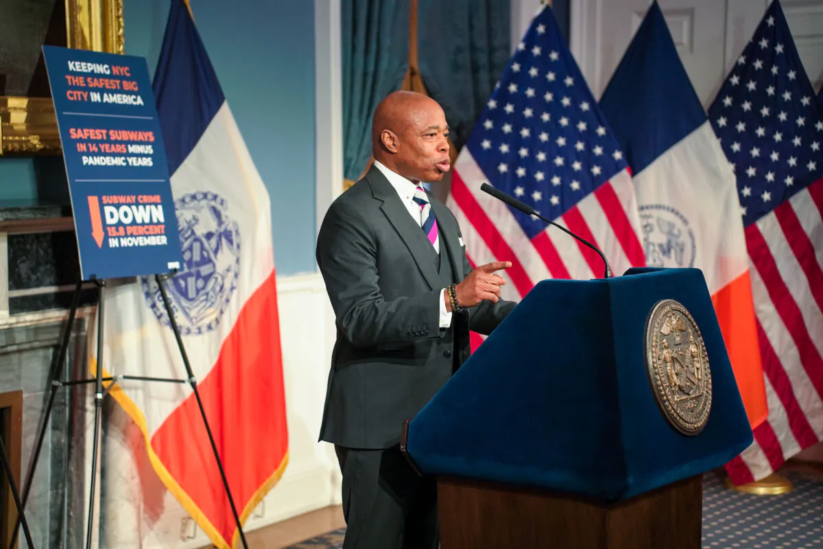 New York City Mayor Eric Adams speaks at a press conference in the Blue Room at City Hall on Dec. 3, 2024. (Oliver Mantyk/The Epoch Times)