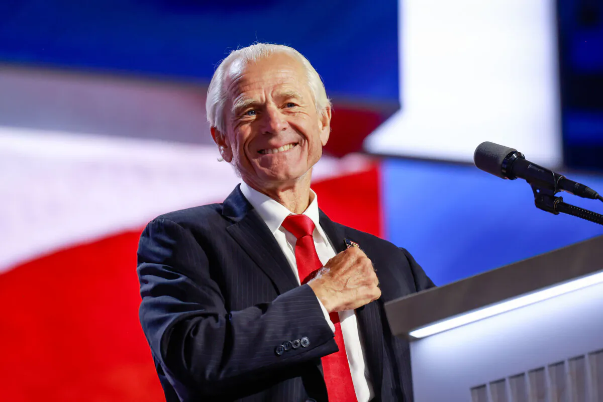 The former director of the U.S. Office of Trade and Manufacturing Policy, Peter Navarro, speaks on the third day of the Republican National Convention at the Fiserv Forum in Milwaukee, on July 17, 2024. (Joe Raedle/Getty Images)