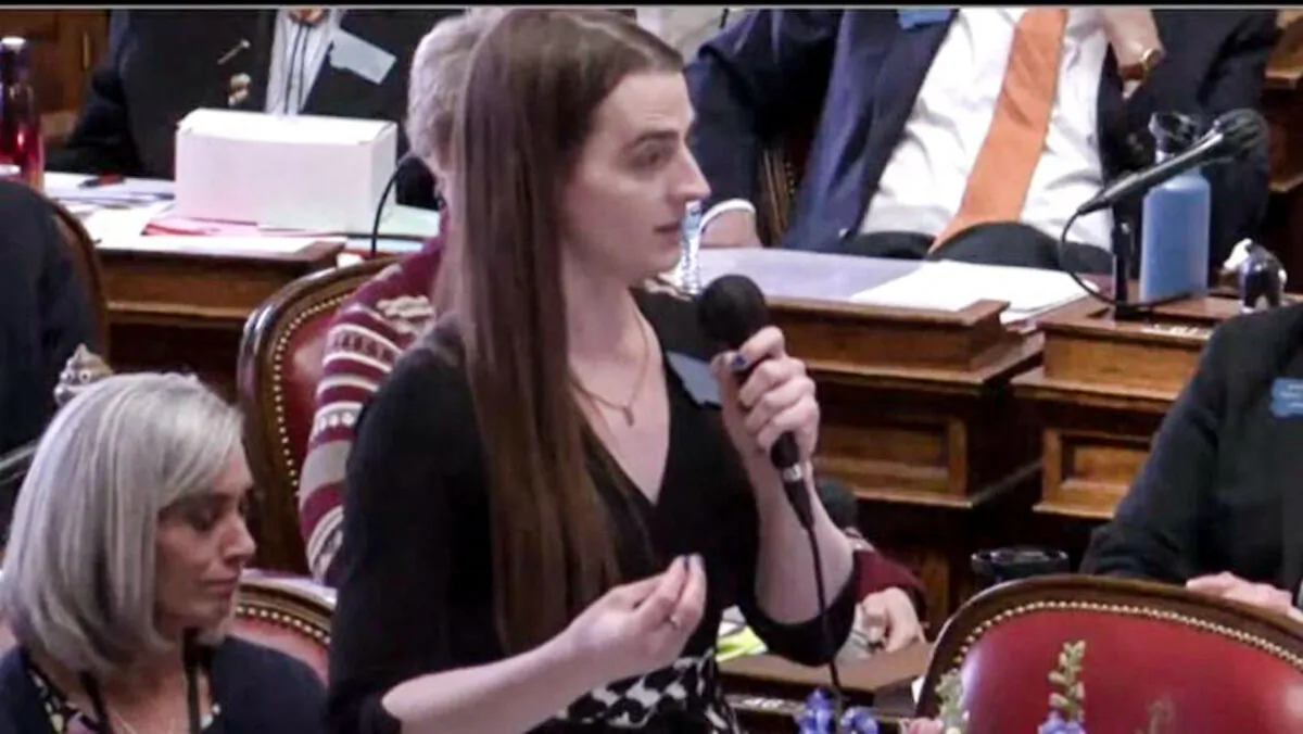 Montana state Rep. Zooey Zephyr speaks at a state House Legislature session in Helena, Mont., on April 26, 2023. (Montana House Legislature via Reuters/Screenshot via NTD)