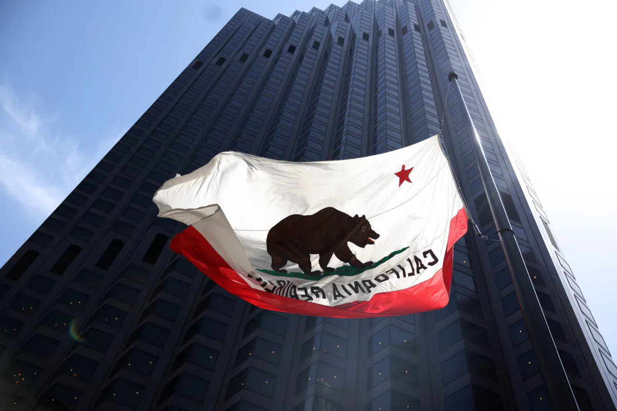 A California flag flies in downtown San Francisco on May 9, 2023. (Justin Sullivan/Getty Images)