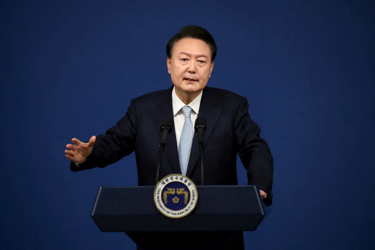 South Korean President Yoon Suk Yeol delivers a speech during his briefing on state affairs at a press conference at the presidential office in Seoul, South Korea, on Aug. 29, 2024. (Chung Sung-Jun/Pool via Reuters)